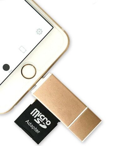 Card Reader iUni Lightning + MicroUSB OTG, Memorie Externa pentru dispozitive iOS si Android, Gold