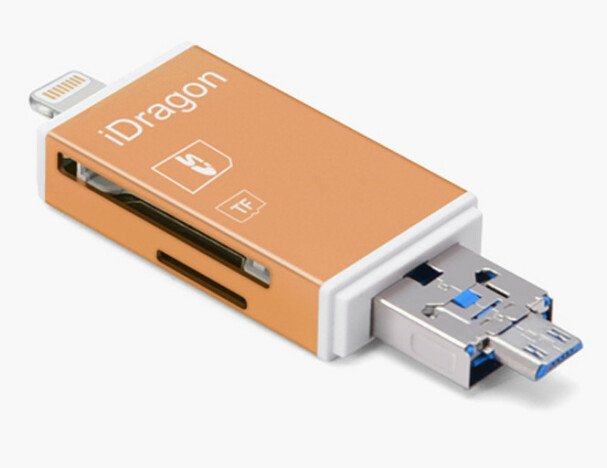 Card Reader iUni Lightning + MicroUSB OTG, Memorie Externa pentru dispozitive iOS si Android, Gold